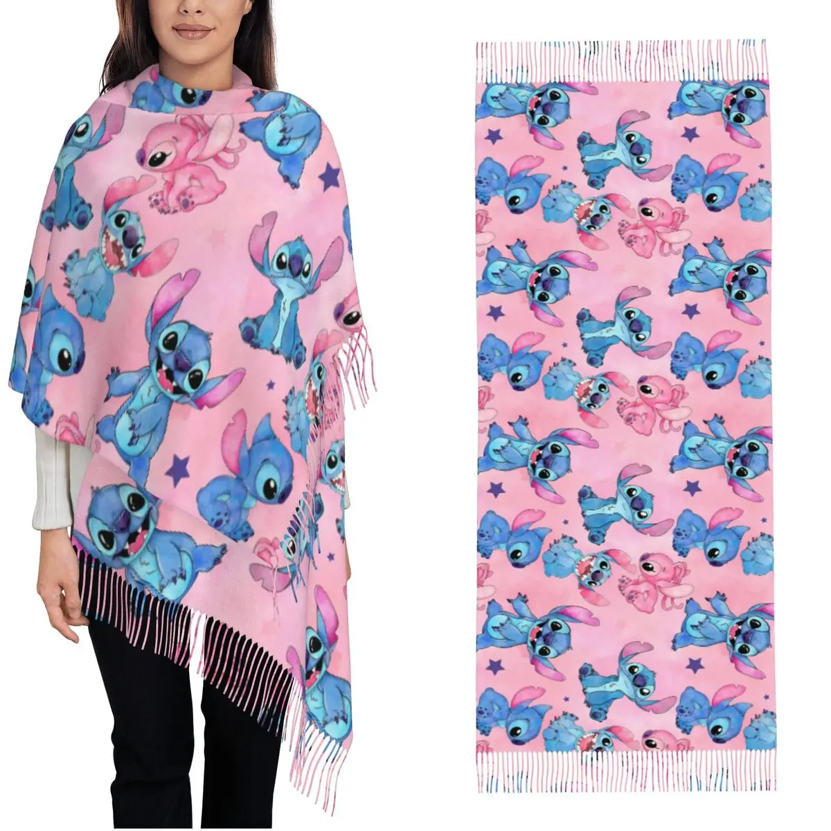 Lilo & Stitch Angel Shawl Wrap Women Winter Long Soft Scarf Cartoon Cute Pashmina Shawl Scarves