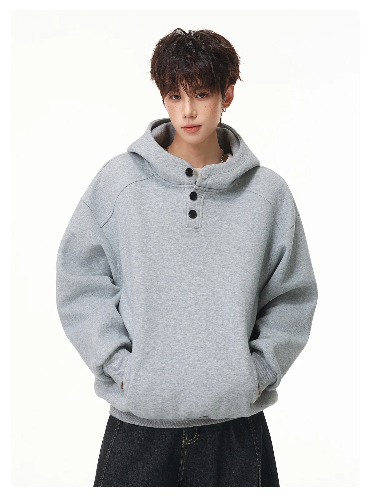 Autumn Winter New Button Half High Neck Hoodie for Men Korean Fashion Harajuku Simple Solid Men's Casual Loose Hooded Sweatshirt