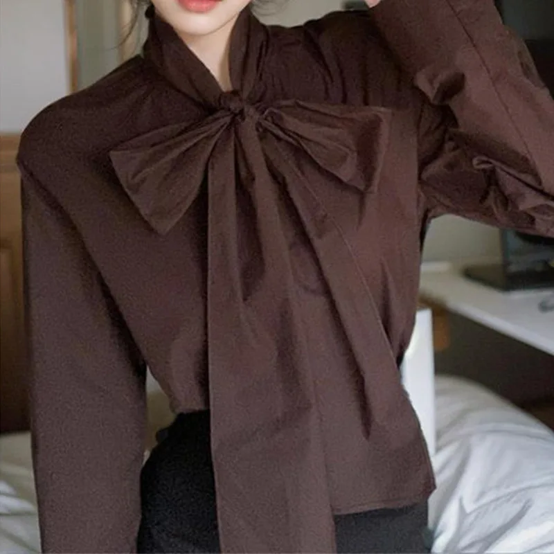 Retro Bowtie Tie Shirt Black High Waist Short Skirt 2024 Spring and Autumn Fashion Set  ladies tops  blouses