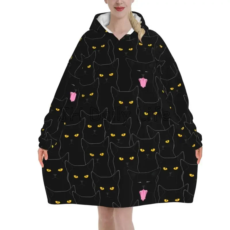 Black Cats Art Print Oversized Blanket Hoodie Women Wearable Flannel Pullover Soft Warm Cozy Fleece Sherpa Blankets with Pockets