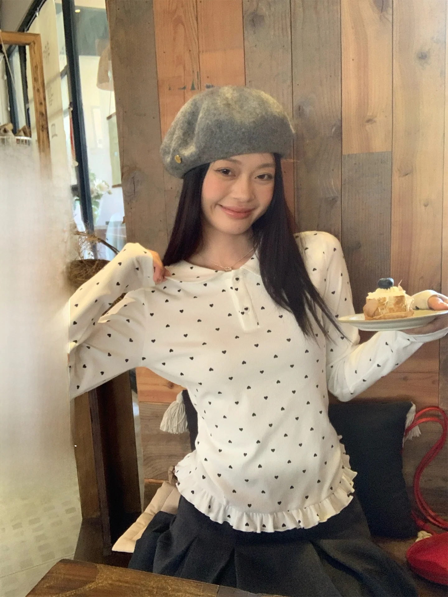 

Winter Women's Slim Fit Long Sve T-irt under irt Korean Sle Doll Collar Heart Pattern Base Layer irt Commute Wind