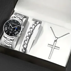 3pcs/set, Classic Fashion Men's Business Calendar Stainless Steel Quartz Watch & Bracelet Necklace Set, Gifts For Men