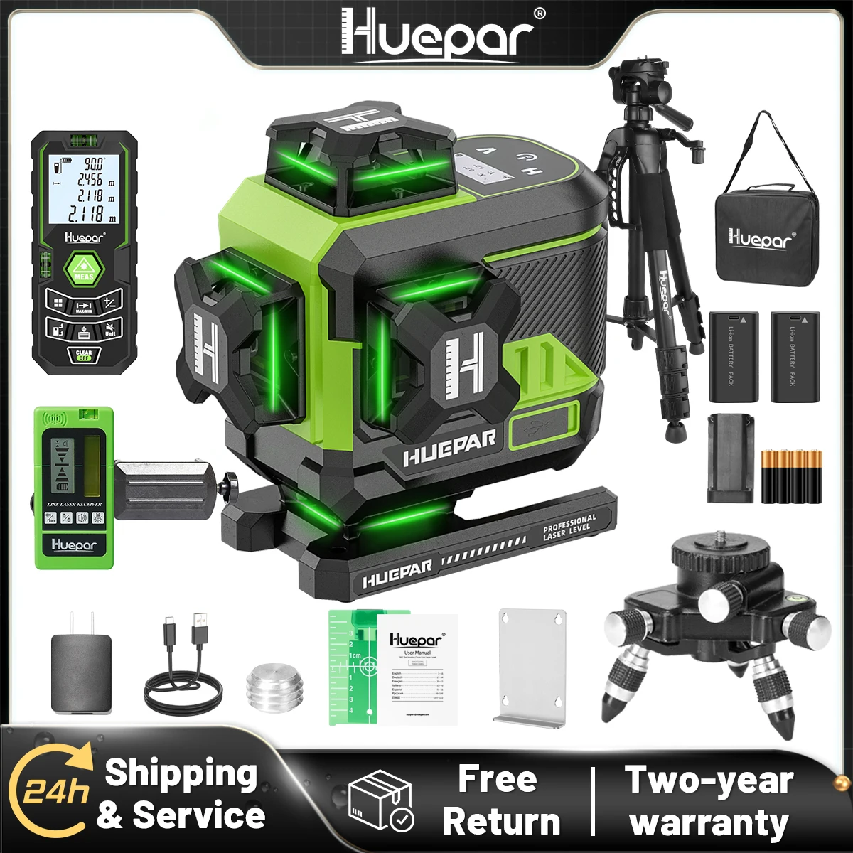 Huepar 4D 16 Lines Cross Line Laser Level Z04CG LCD Screen Bluetooth & Remote Control Osram Green Beam With 2x Li-ion Batteries