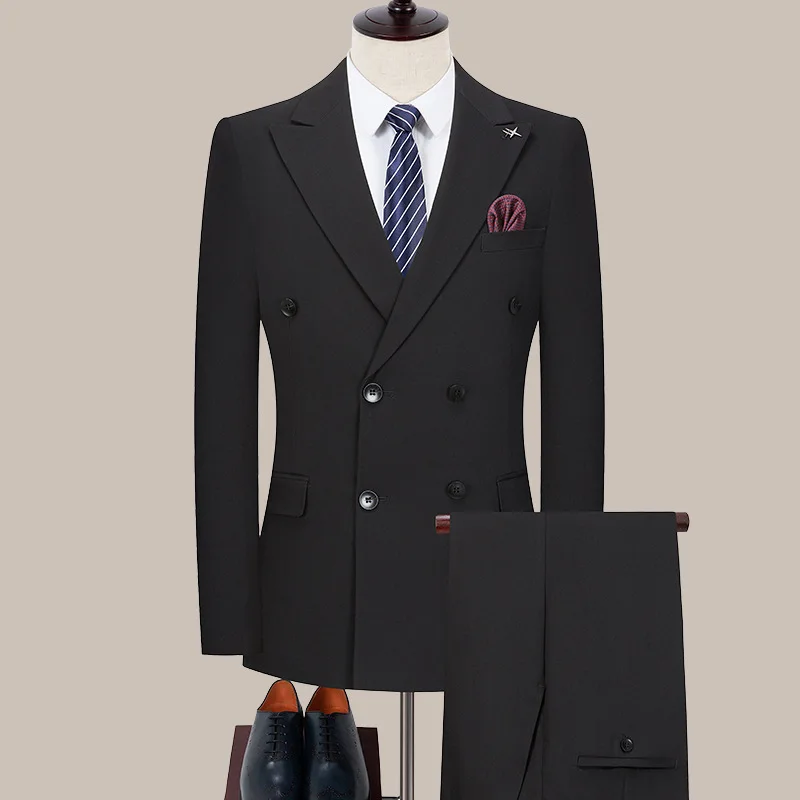 

KIDWHXR Suit Outfit Man Double-breasted Solid Color Blazer Men Straight-leg Pant Male British Style Business Casual 2-piece Set