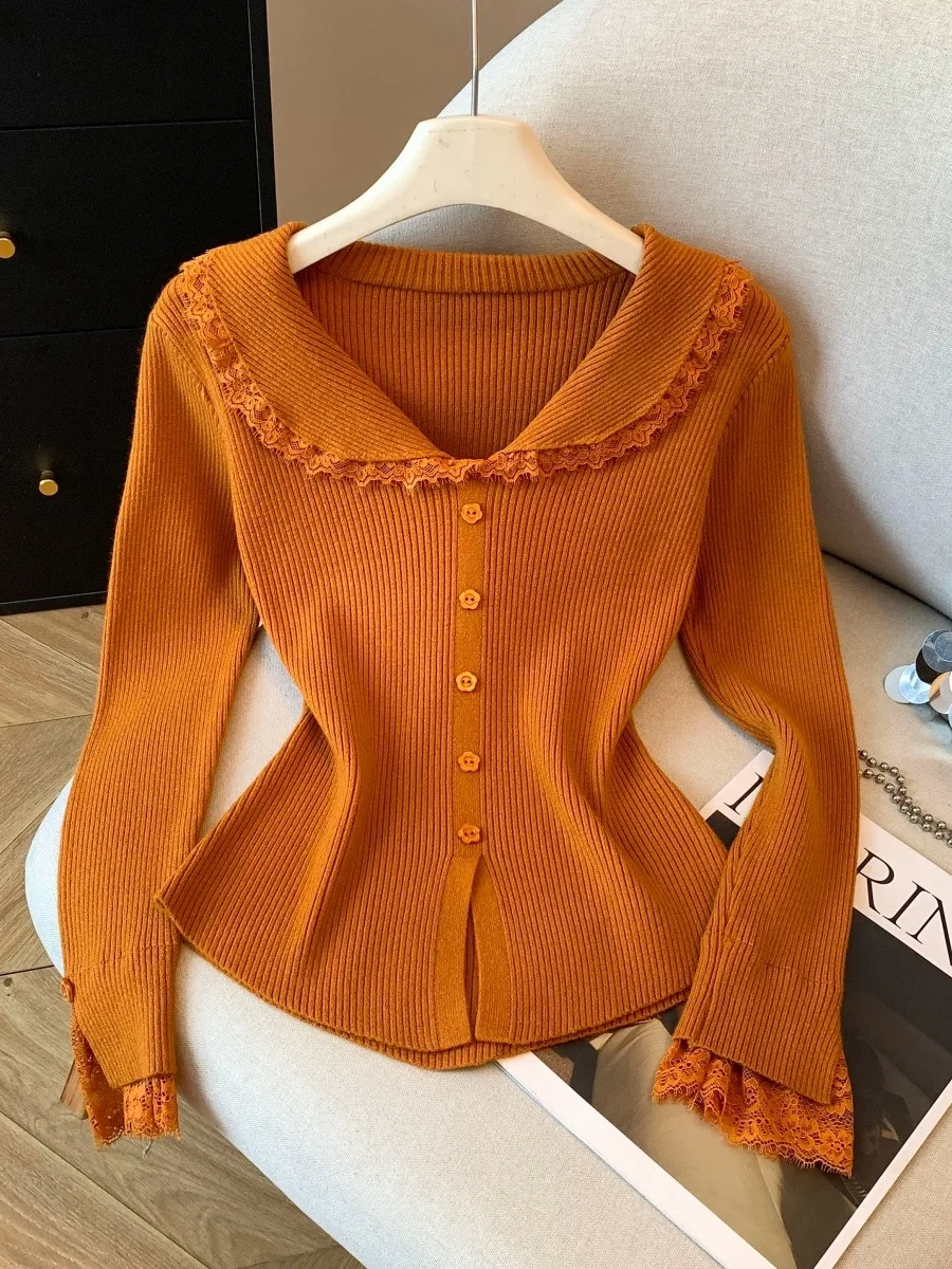 

Sweet Sle вязаный кружевной топ с тыквой оранжевого цвета, женский осенне-зимний внутренний свитер из искусственного меха, застегивающий талию кукольный воротник