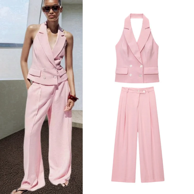 

Women's Fashion High Waist Pleated Wide Leg Pants Vest Set Double-Breasted Neck Hanging Design Summer Outfit Two-Piece Suit