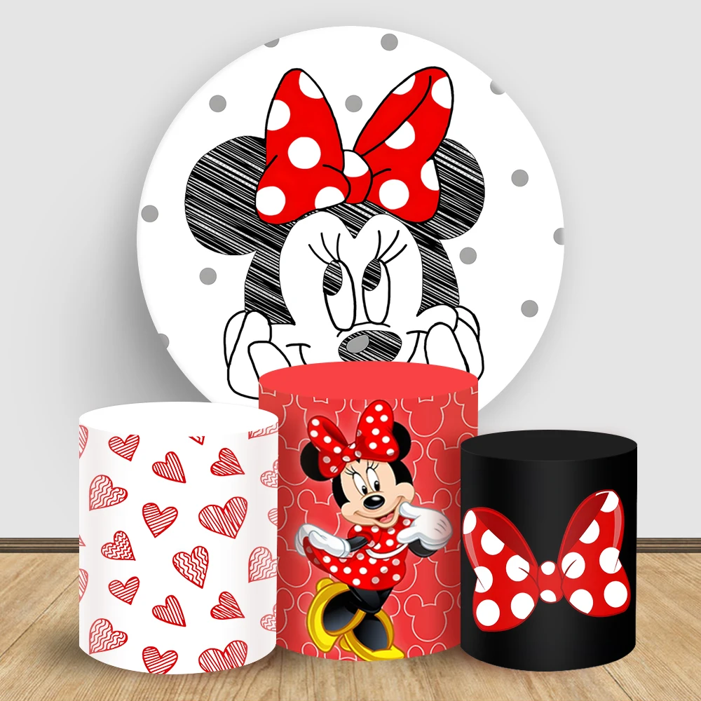 

Girls Birthday Minnie Mouse Round Backdrop Cover BabyShower Photography Disney Elastic cylinder cake background party decoration