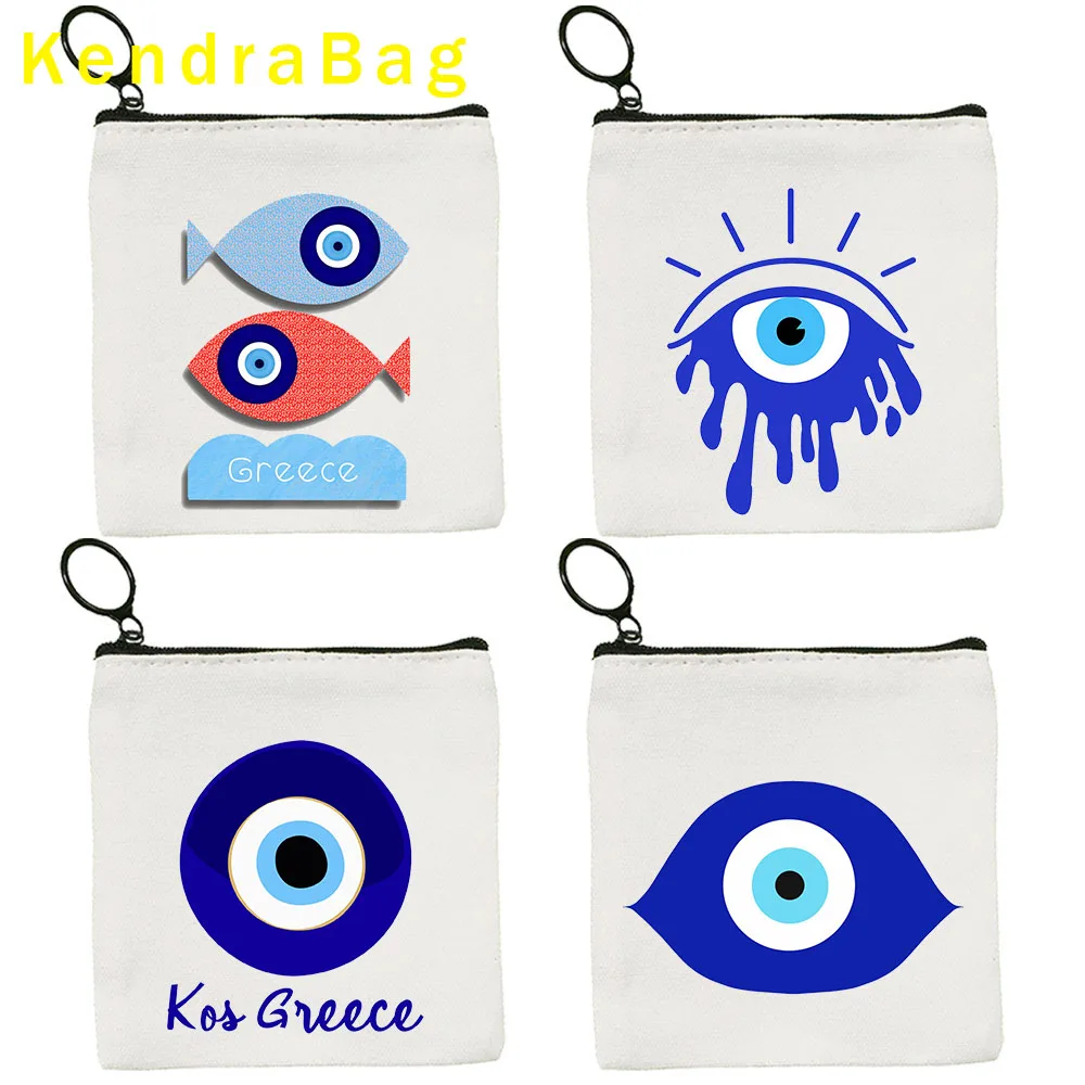 Greek Turkish Colorful Hamsa Nazar Blue Evil Eye Key Coin Purse Canvas Bag Case Pouch Wallet Zipper Good Luck Girl Makeup Gifts