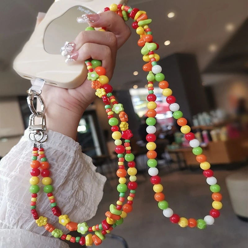 

Boho Multicolor Handwoven Seed Beads Rainbow Color-Blocked Phone Strap To Prevent Loss Choker Necklace String Phone Accessories