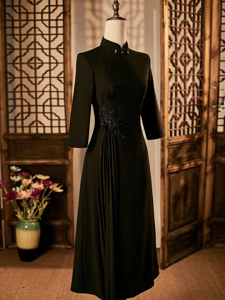 

Ele Long Bla Qipao Dr New Chinese Sle A-Line Skirt Design Sensation Full Sve Autumn Winter New Arrival for Mom