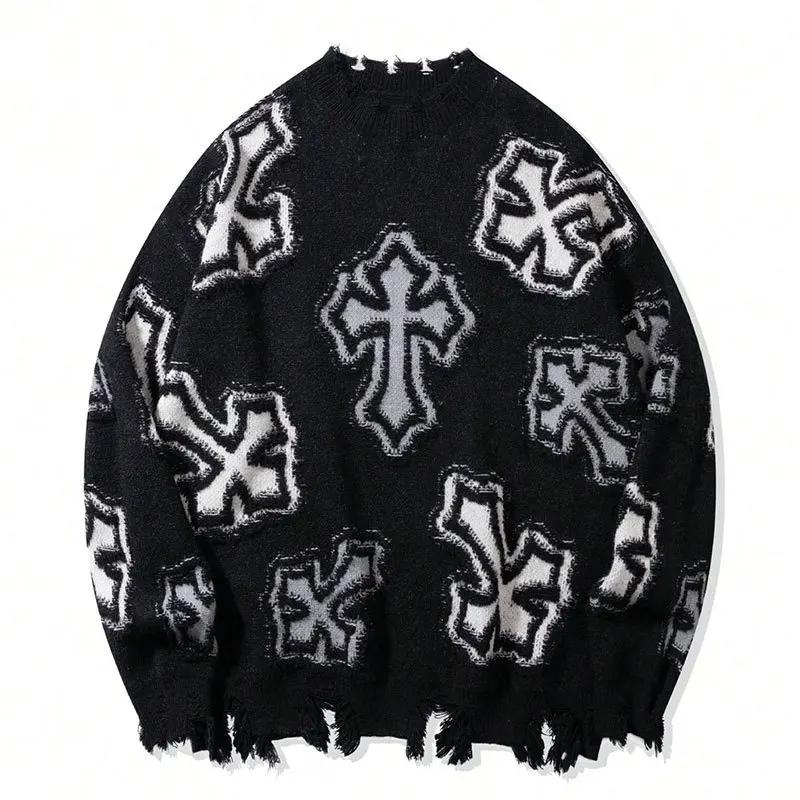 High street American trendy pullover sweater with fringes featuring bold printed characters loose and casual round-neck knitwear