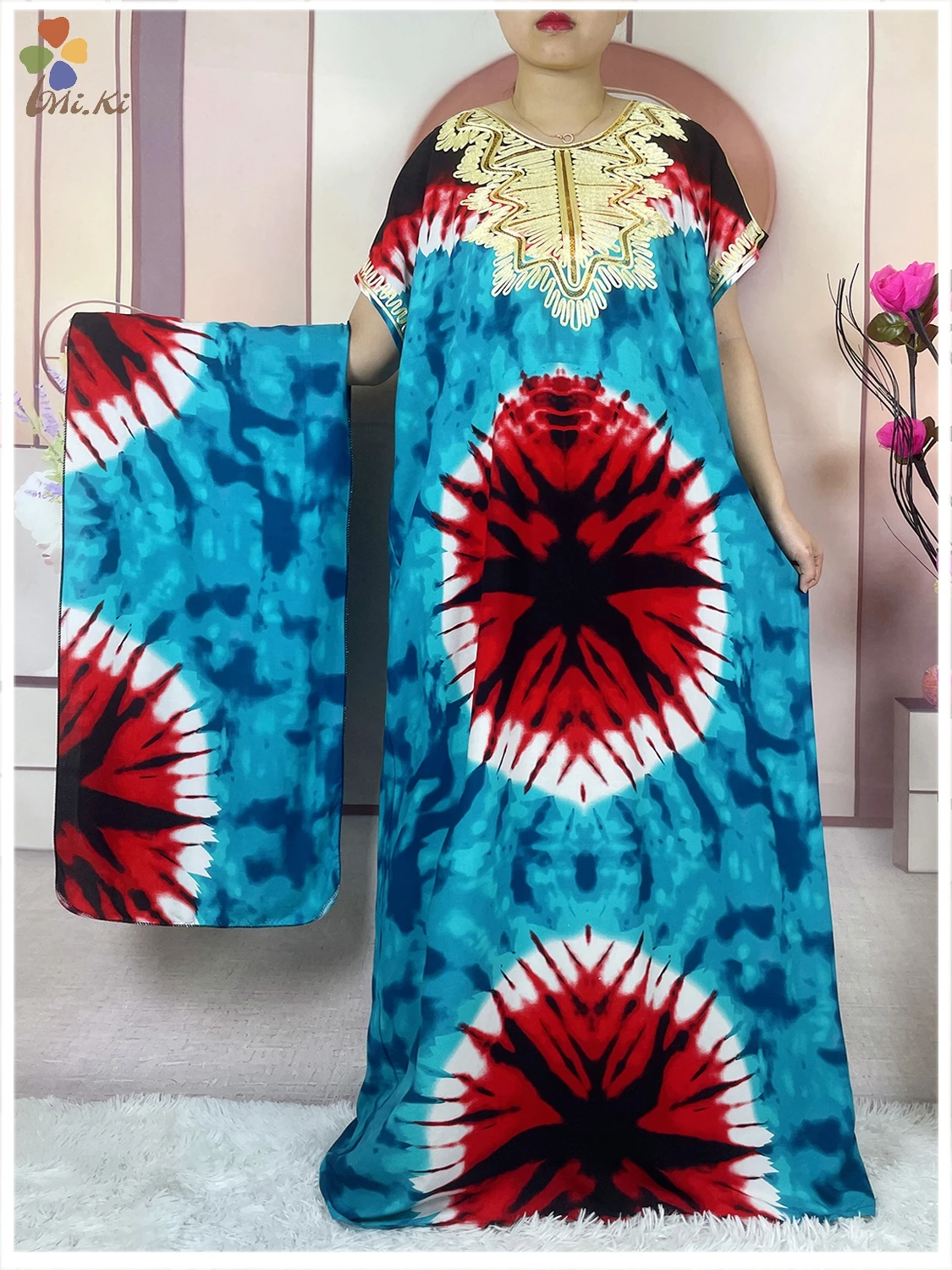 2024 New African Women Embroidered Sequin Dress Tie Dyed Loose Cotton Robe Dshiki Maxi Robe Femme Islamic Women Summer Clothing