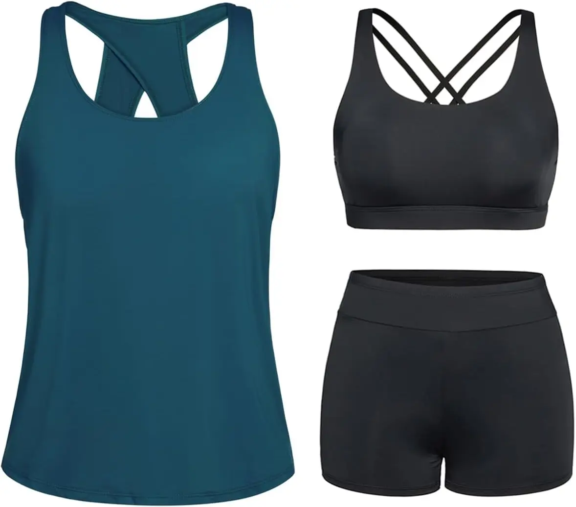 

3 Piece Tankini Swimsuits for Women Athletic Bathing Suits Swim Tank Top with Boy Shorts and Bra Modest Swimwear