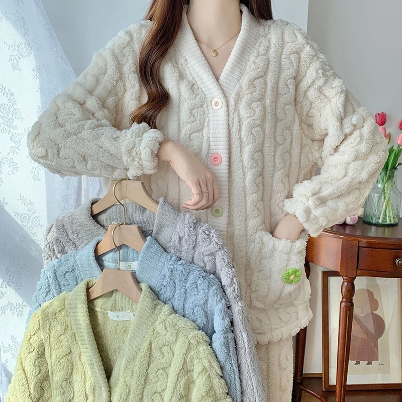 New Thickened Coral Fleece Sleepwear Women Pajamas Set Winter Velvet 2 Pieces Homewear Suit Fluffy Korean Warm Night Wear