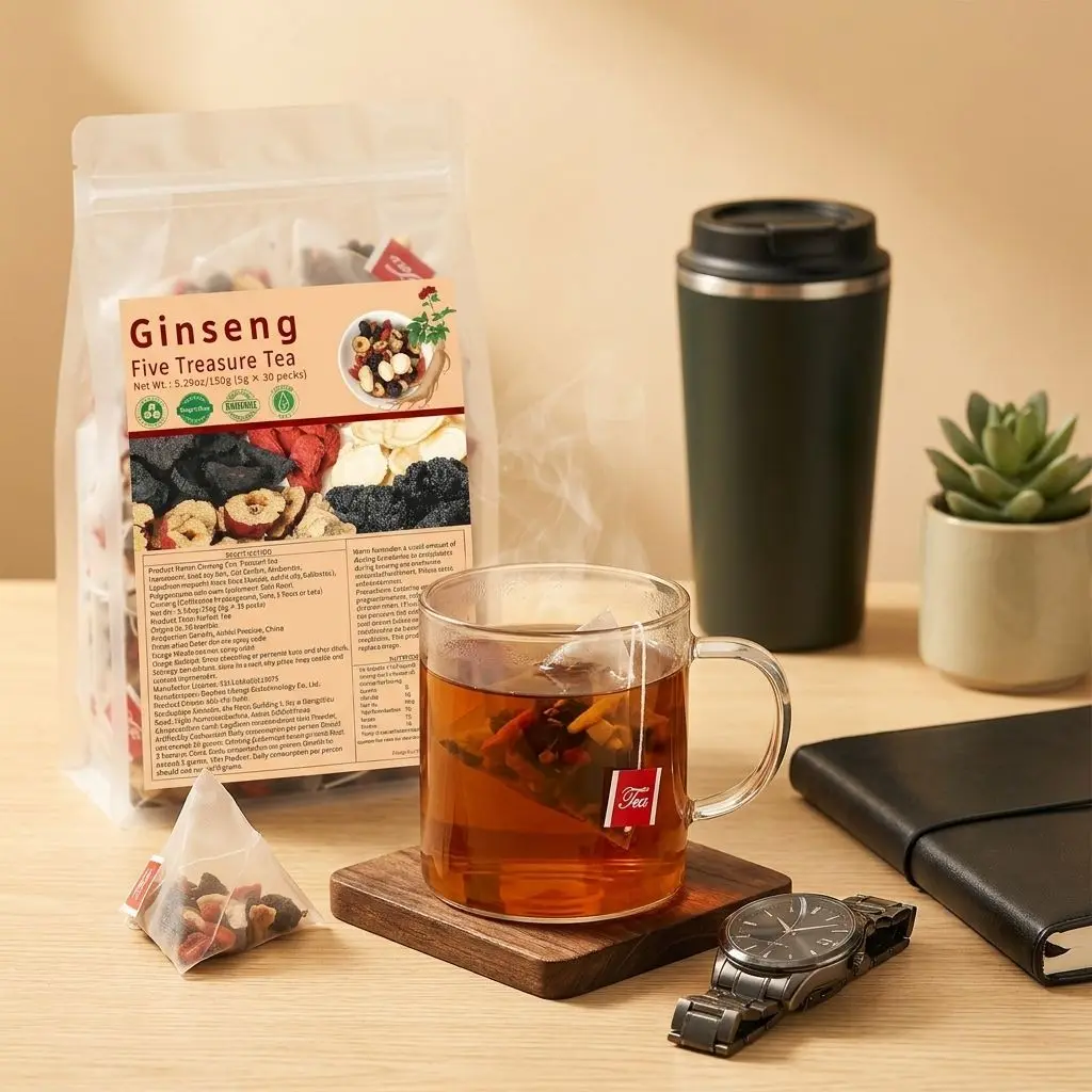 1/2pcs Ginseng Five Treasures Tea - Natural Herbal Individual Triangle Tea Bags, Everyday Tea, Convenient to Brew