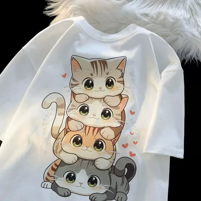 Cute Cartoon Cat Print T Shirt Women Round Neck Short Sleeved T-shirt Casual Loose Versatile Summer Streetwear Y2k Clothes Tops