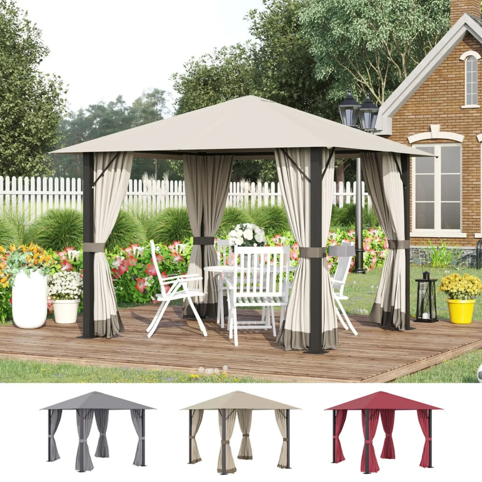 

US 10' x 10' Patio Gazebo Outdoor Canopy Shelter w/ Vented Roof, Curtains