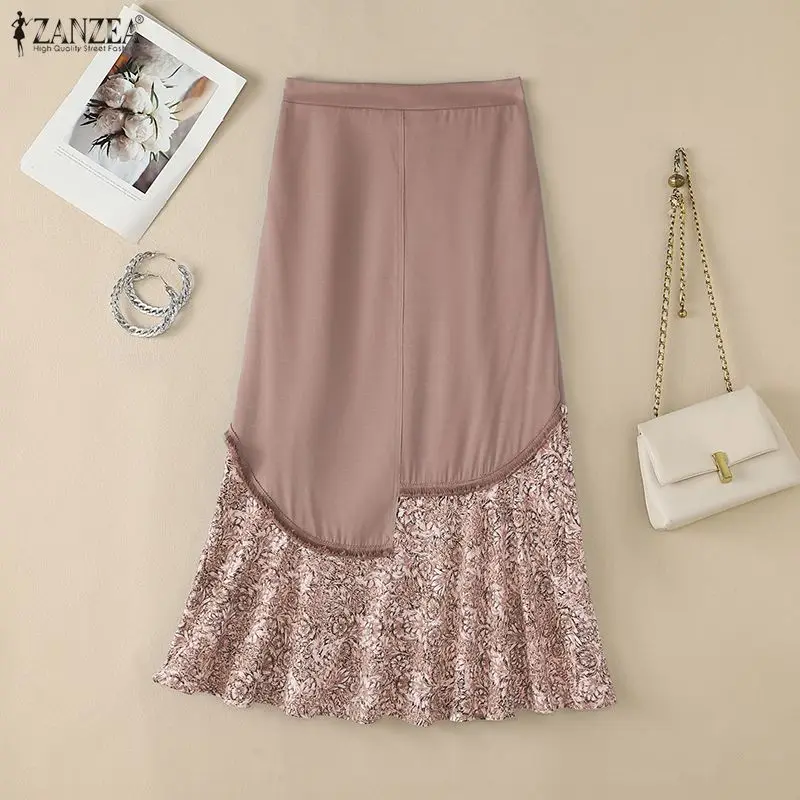 ZANZEA 2026 Women Bohemian Denim-Like Maxi Skirts Asymmetrical Floral Patchwork A-Line Long Skirt Autumn Vacation Faldas Mujer