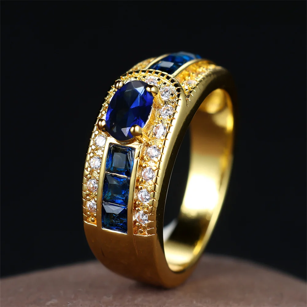 Blue Purple Crystal Oval Stone Ring Green Zircon Engagement Rings For Women Men Vintage Gold Color Wedding Bands Fashion Jewelry