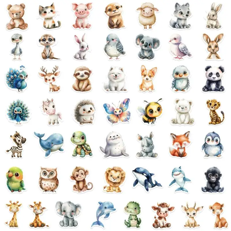 50pcs/set Watercolor Animal Doodle Stickers DIY Decor For Guitar/Tablet/Journal Waterproof