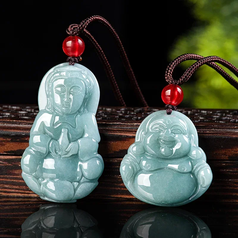 Jia Le/ Natural Jade Blue Water Ping An Guan Yin Buddha Necklace Pendant Fine Jewelry Accessories Men and Women Couple Amulet
