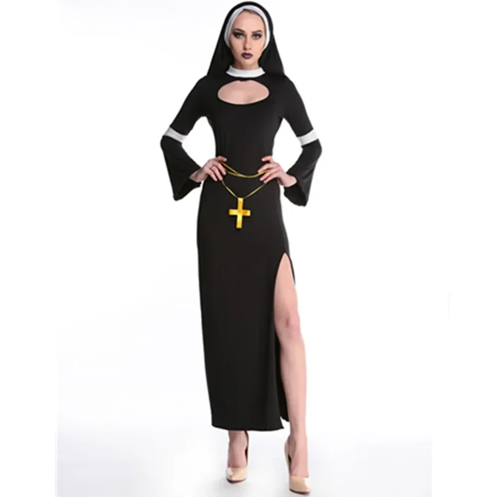 

Adult Women Sexy Halloween Nun Costume Female Black Halloween Dress Party Sexy Cosplay Priestess Long Nun Costume