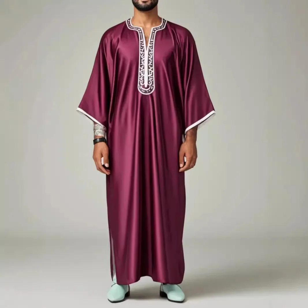 African Ethnic Style Leisure and Comfort Muslim Robes, Loose Half Neck Patchwork Embroidery Moroccan Robes Men's Spring Autumn