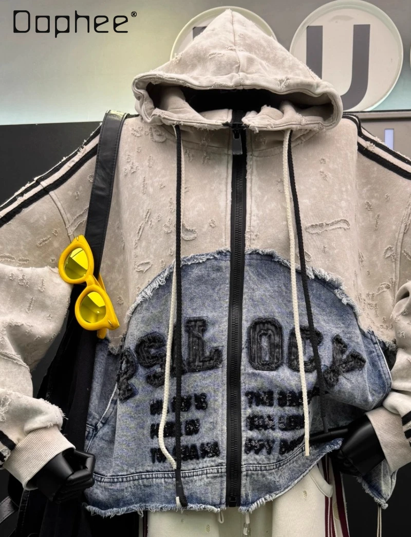European Style Hoodies Women 2025 Autumn New Ripped Patchwork Denim Embroidered Cardigan Hooded Sweatshirt Jacket for Women