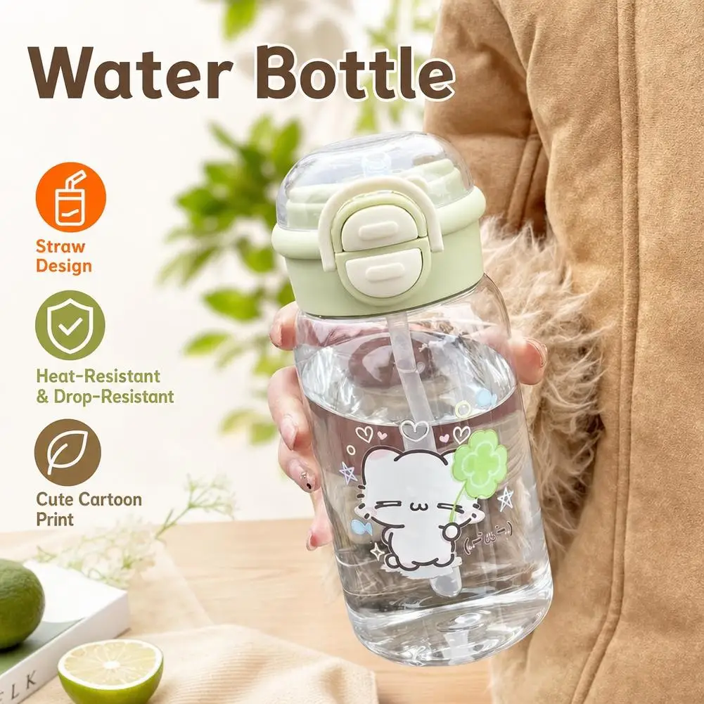Cute Cartoon Character Plastic Water Cup With Straw, Heat-resistant And Anti Drop, Student Portable Double Drinking Cup 500ml