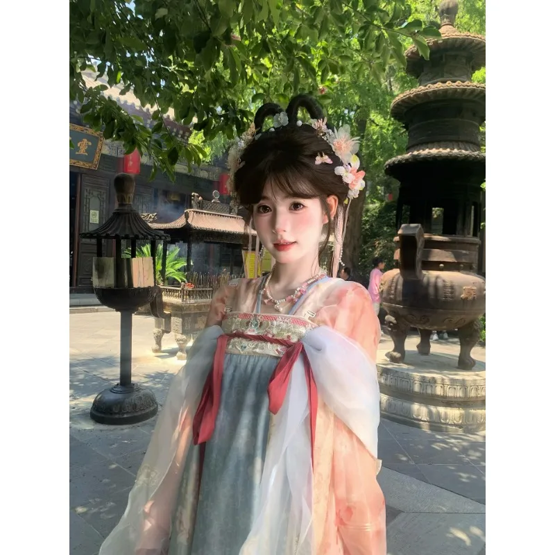 2026 New Restored Tang Dynasty Hanfu Ancient Clothing Chest-length Large Sleeve Shirt Ancient Fairy Fluttering Small Skirt Set