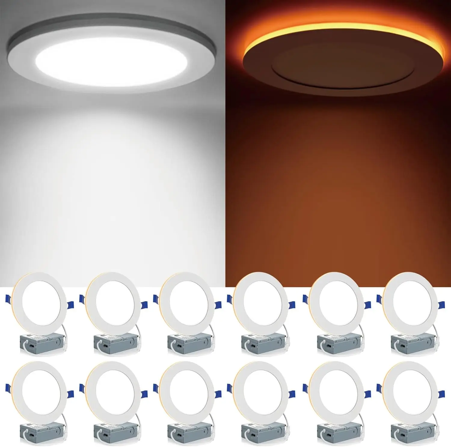 

12 Pack 6 Inch Ultra-Thin LED Recessed Lights with Night Light, 5 Color Temperatures Selectable, Dimmable Wafer Downlight