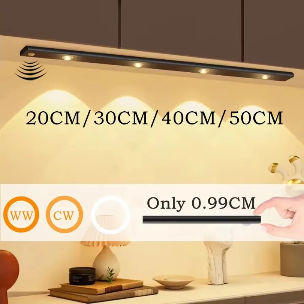 LED Night Light 3 Color Dimmable Motion Sensor For Kitchen Wardrobe Lighting 20CM/30CM/40CM/50CM USB Rechargeable Cupboard Lamp