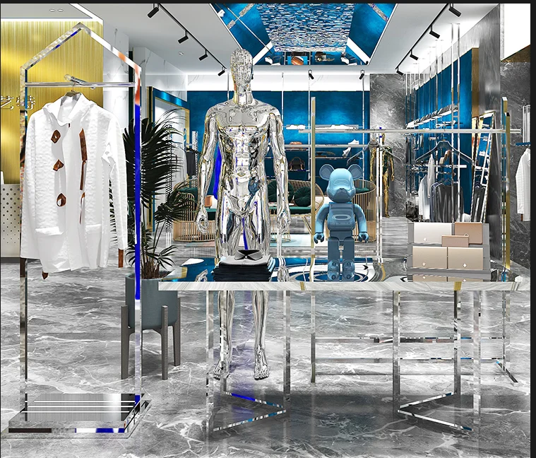 

Stainless steel men's clothing store display rack clothing store background wall back panel wall decoration shelf clothes