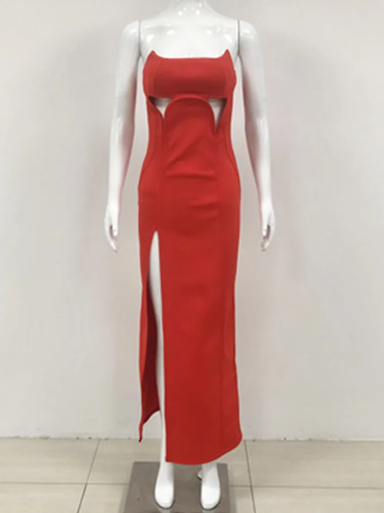 Abito da donna sexy senza spalline senza schienale ritagliato rosso maxi lungo aderente con fasciatura 2024 elegante abito da sera da club