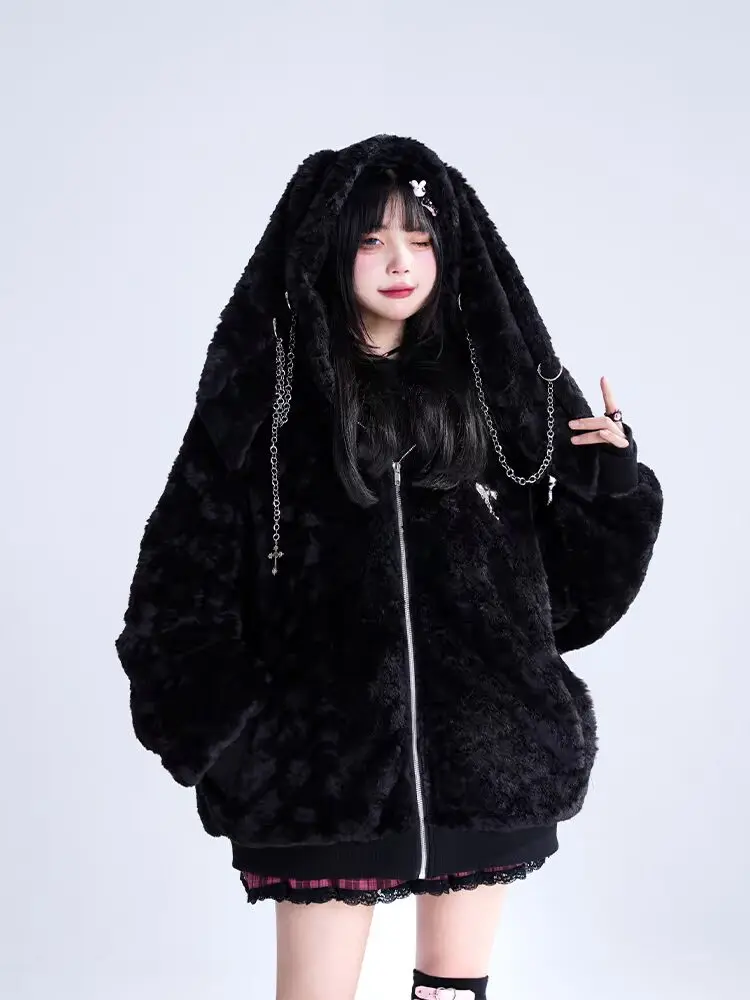 Harajuku Punk Style Black Plush Jacket Autumn Winter New Girls Sweet Cool Gothic Rabbit Ears Warm Thickened Faux Fur Jackets