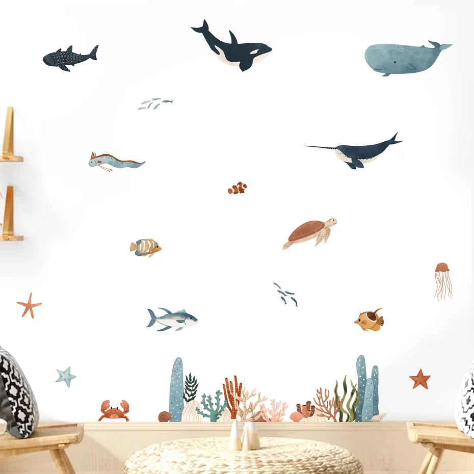 Sea Animals Wall Sticker Underwater World Fish Wall Decal Vinyl Nursery Art Decals for Babys Boys Room Home Decor