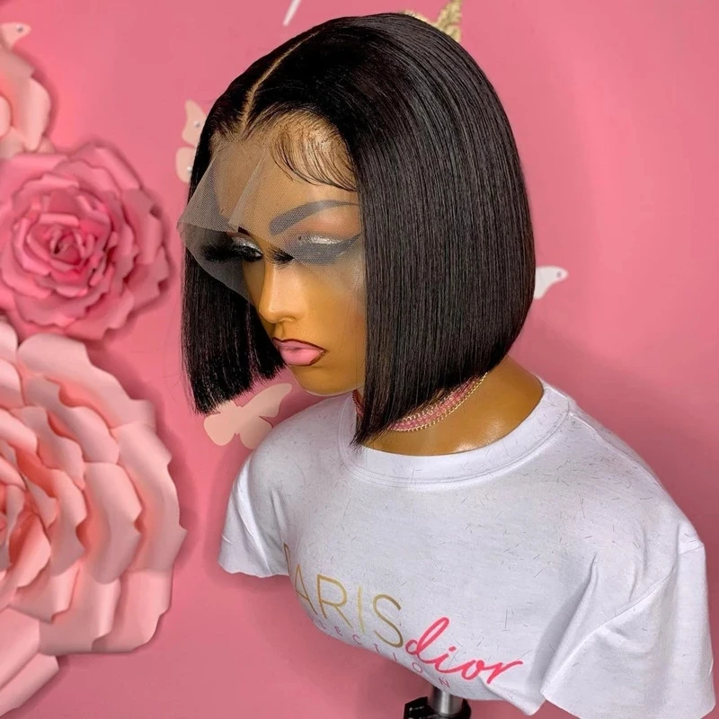 20 pulgadas 180 densidad Bob corto recto suave Natural negro sin pegamento peluca con malla frontal profunda para mujeres con pelo de bebé prearrancado diario