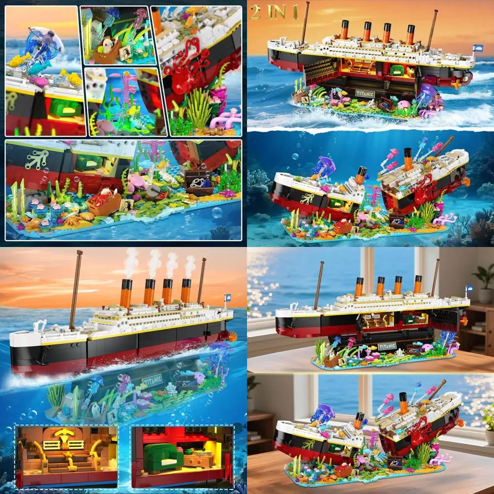 

LED-Illuminated Titanic Building Kit: 2-in-1 Seabed World Model with Jellyfish & Octopus, 1872 Pieces, Ideal for Ages 12+