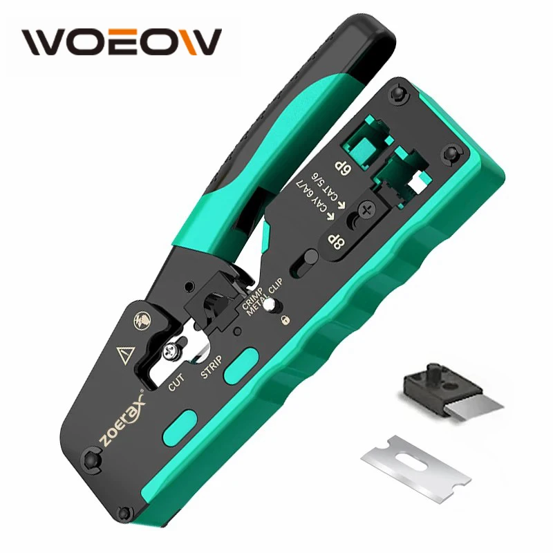 

WoeoW RJ45 Crimping Tool Pass Through, Professional Grade Ethernet Cable Crimper for Cat7 Cat6A Cat6 Cat5E Cat5 Modular Plugs