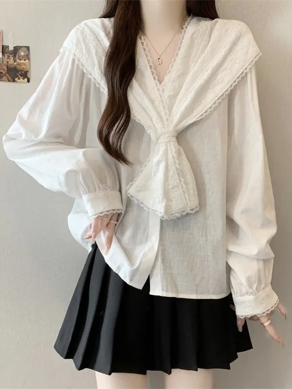 

Sweet Oversize Women's irt with awl Splice White Slimming Design Autumn New Sle Korean Version High Waist Button up