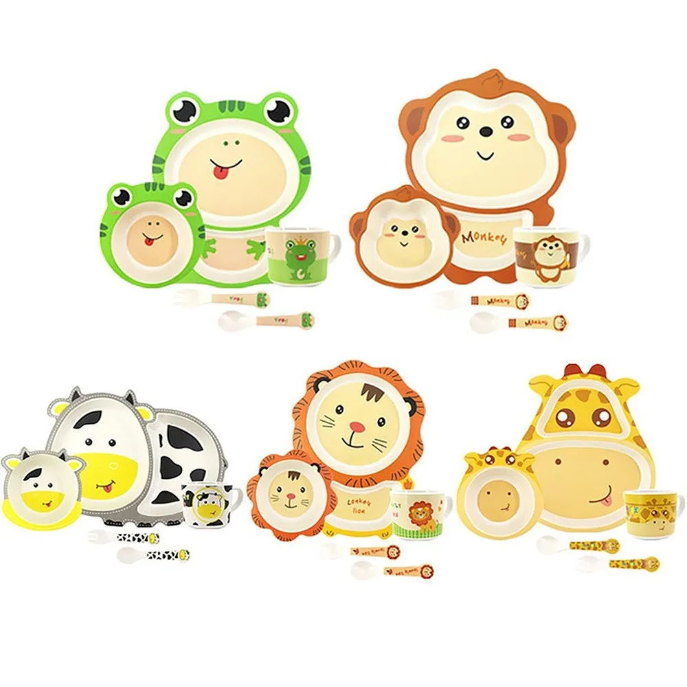 

5 Pcs/set Cute Carton Animals Bamboo Fiber Kids Baby Children Solid Feeding Dinnerware Tableware Set Plate Bowl Cup Fork Spoon