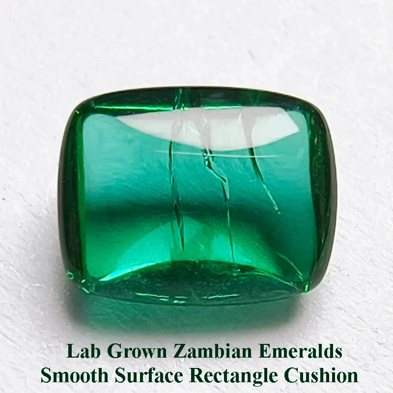 

Lab Grown Zambian Emeralds Rectangle Cushion Smooth Surface Hydrothermal with Cracks Inclusions Selectable AGL Certificate