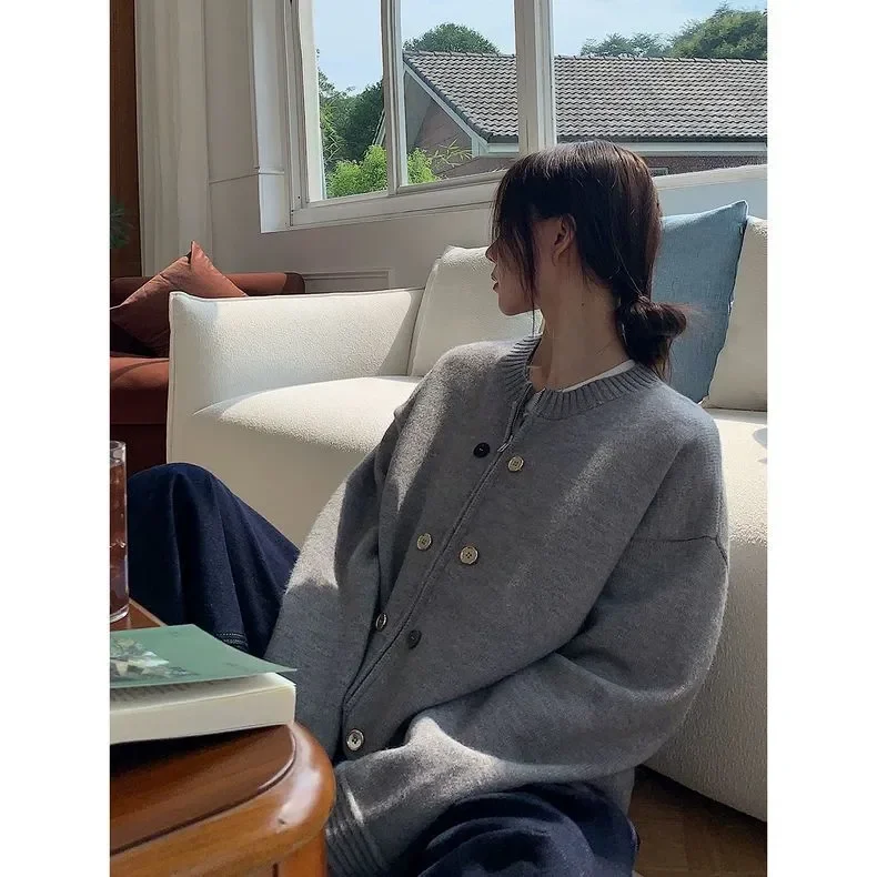 

Женская одежда, осенне-зимняя мода, простота, универсальные пуговицы, однотонный вязаный женский тонкий свободный свитер, кардиган
