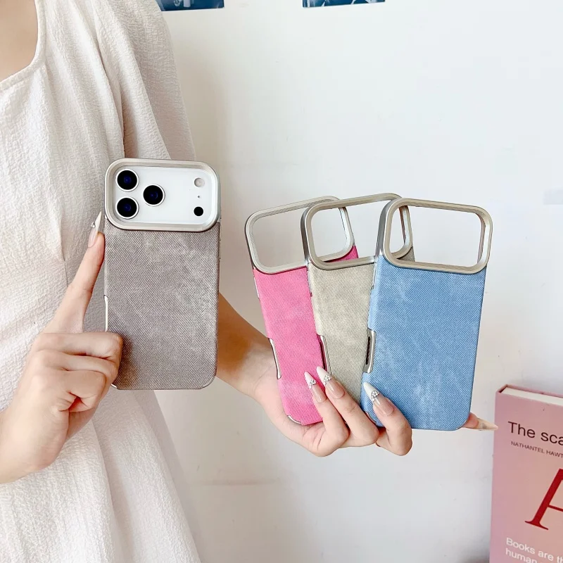 Luxo denim jeans caso de telefone para iphone 11 12 13 14 15 16 17 pro max plus ar 17air 17promax lente galvanizada capa de couro
