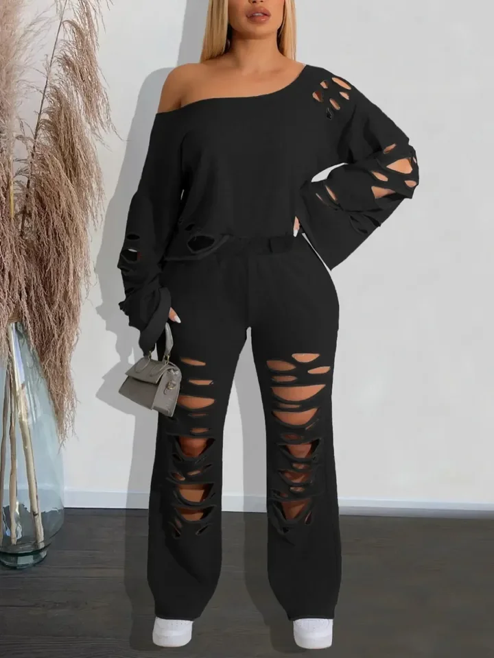 Loose Ripped Set Women Autumn Fashion Solid Color Off Shoulder Long Sleeved Pullover High Waist Wide Leg Pants Two Piece Set