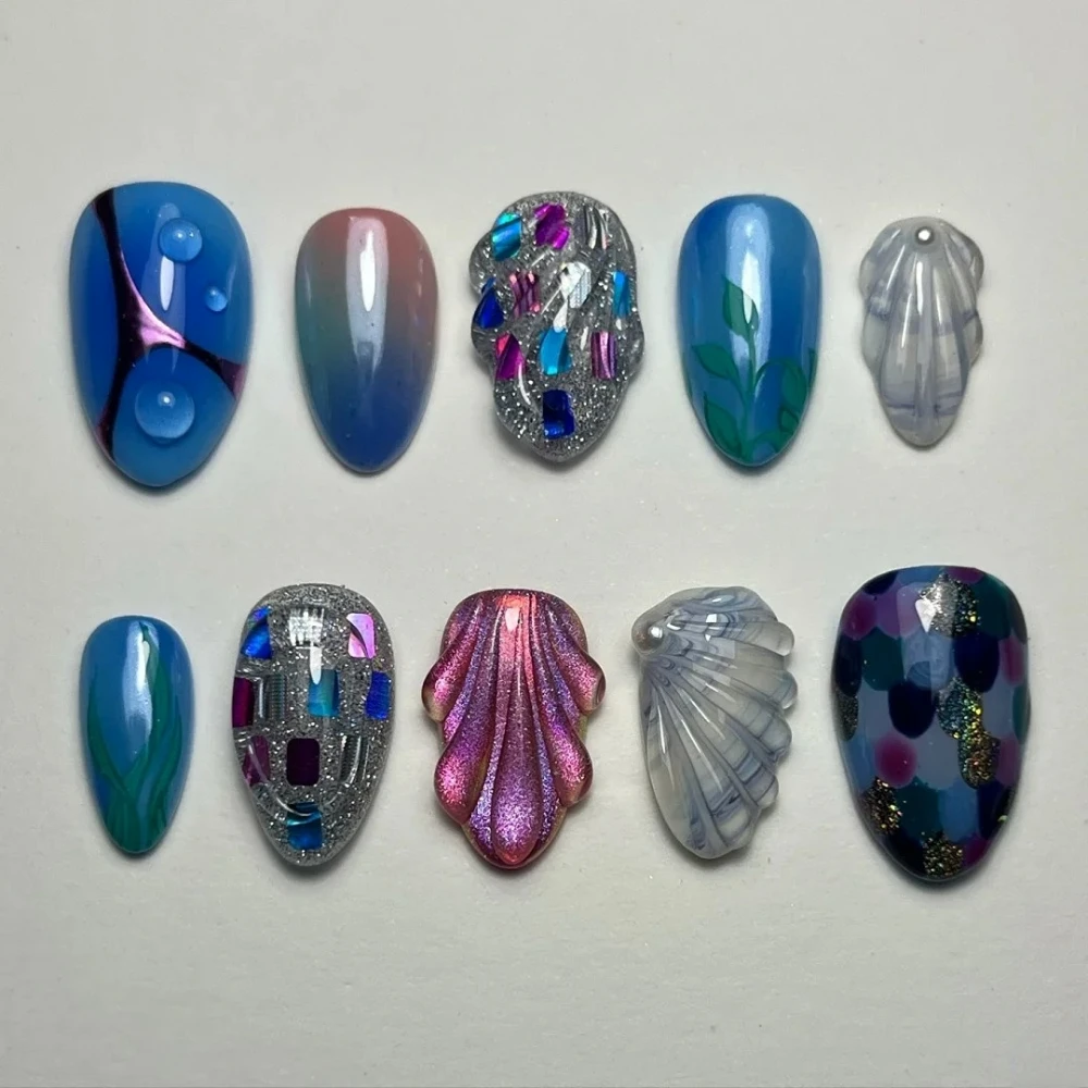 10 Stuks Handgemaakte Manicure Korte Amandel Nep Nagels Schattige 3d Shell Limited Nagels Pers Op Nagels Ontwerp Met Zelfklevende Nagelvijl Set