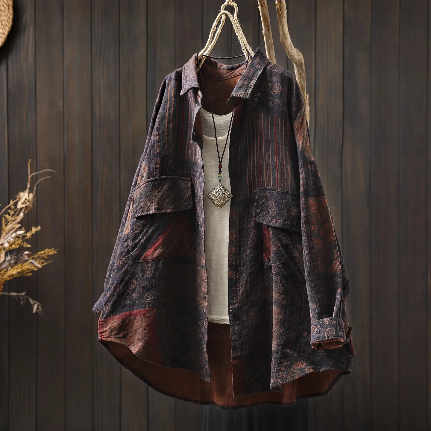 Enianechu Middle Aged Women Clothes Japan Fashion 100% Cotton Yarn Print Oversized Shirts and Blouses Plus Size Women Clothing