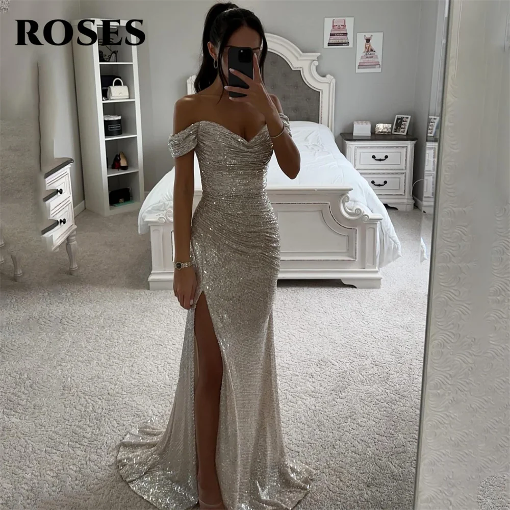 

ROSES White Evening Dress Sweetheart Glitter Mermaid Party Dress with Pleats Off The Shoulder Prom Dress Sexy Side Split 프롬드레스