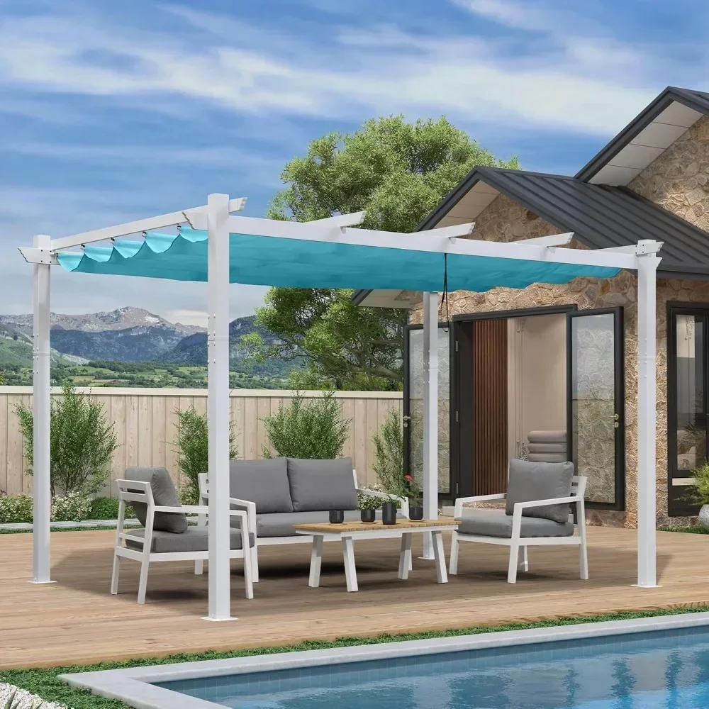 10X13 FT Outdoor Retractable Pergola with Sun Shade Canopy Cover White Patio Metal Shelter for Garden Beach Gazebo Grape Trellis