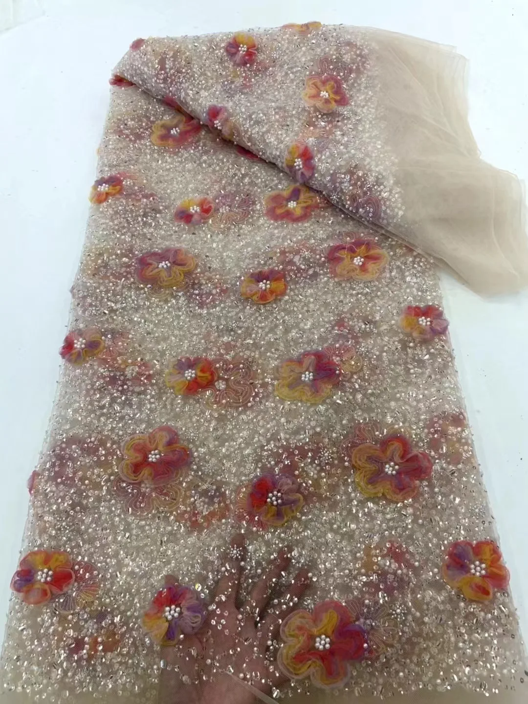 Fashion French Mesh 3D Flowers Embroidery Beadeds Lace Fabric With Sequins African Nigerian Fabric For Wedding Dress